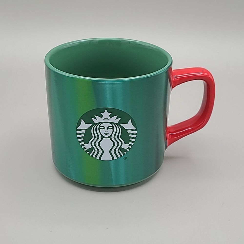 Starbucks Coffee Mug, Green with Red Handle and Starbucks Logo on the Front